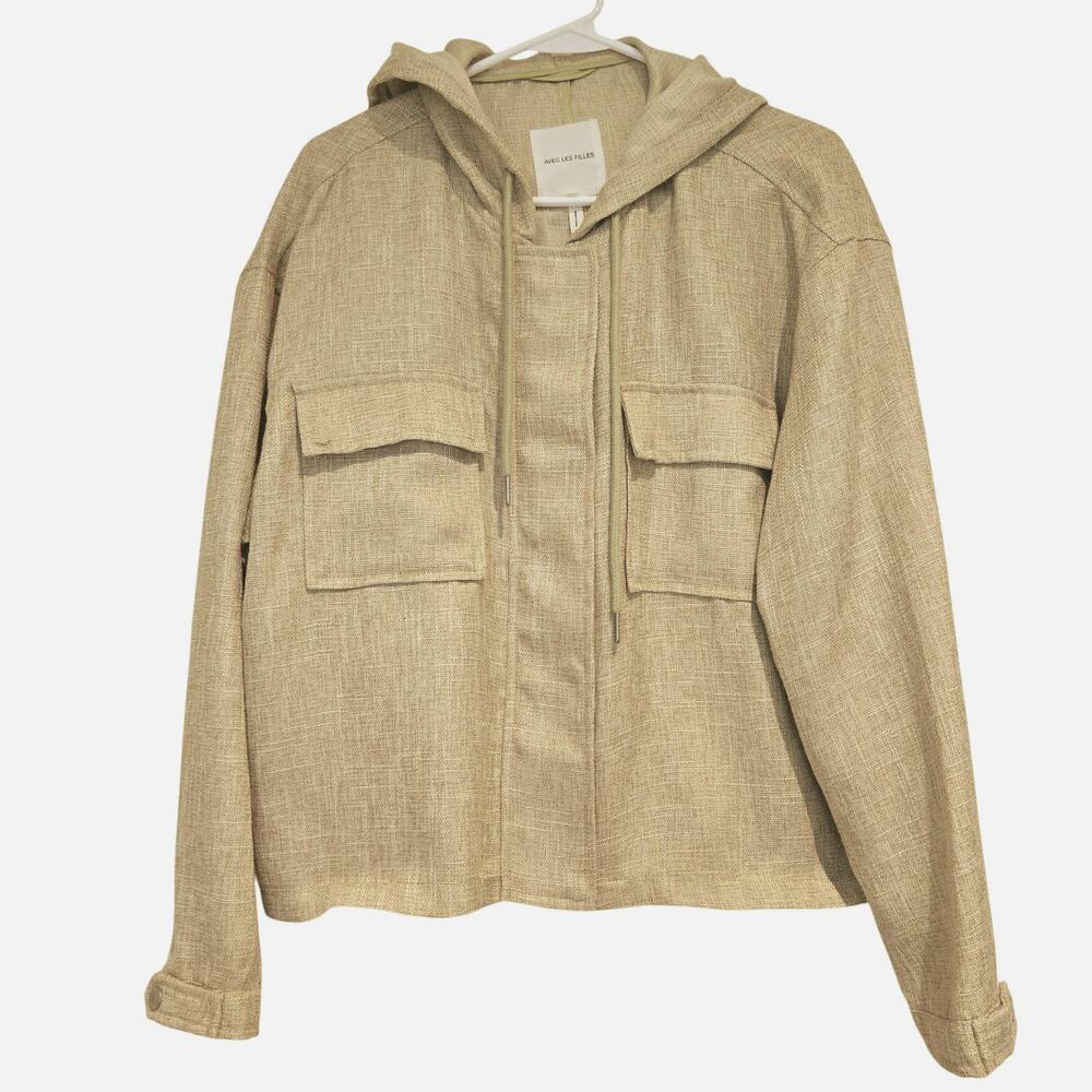 Avec Les Filles XL Linen-Look Boxy Light Green Hooded Utility Jacket